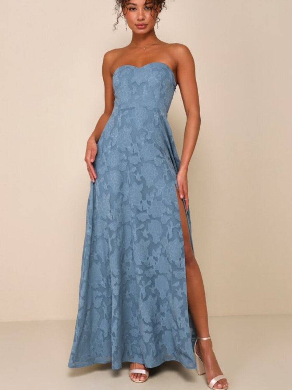 Lulus Garden Of Romance Dusty Blue Floral Burnout Strapless Maxi Dress - Size S